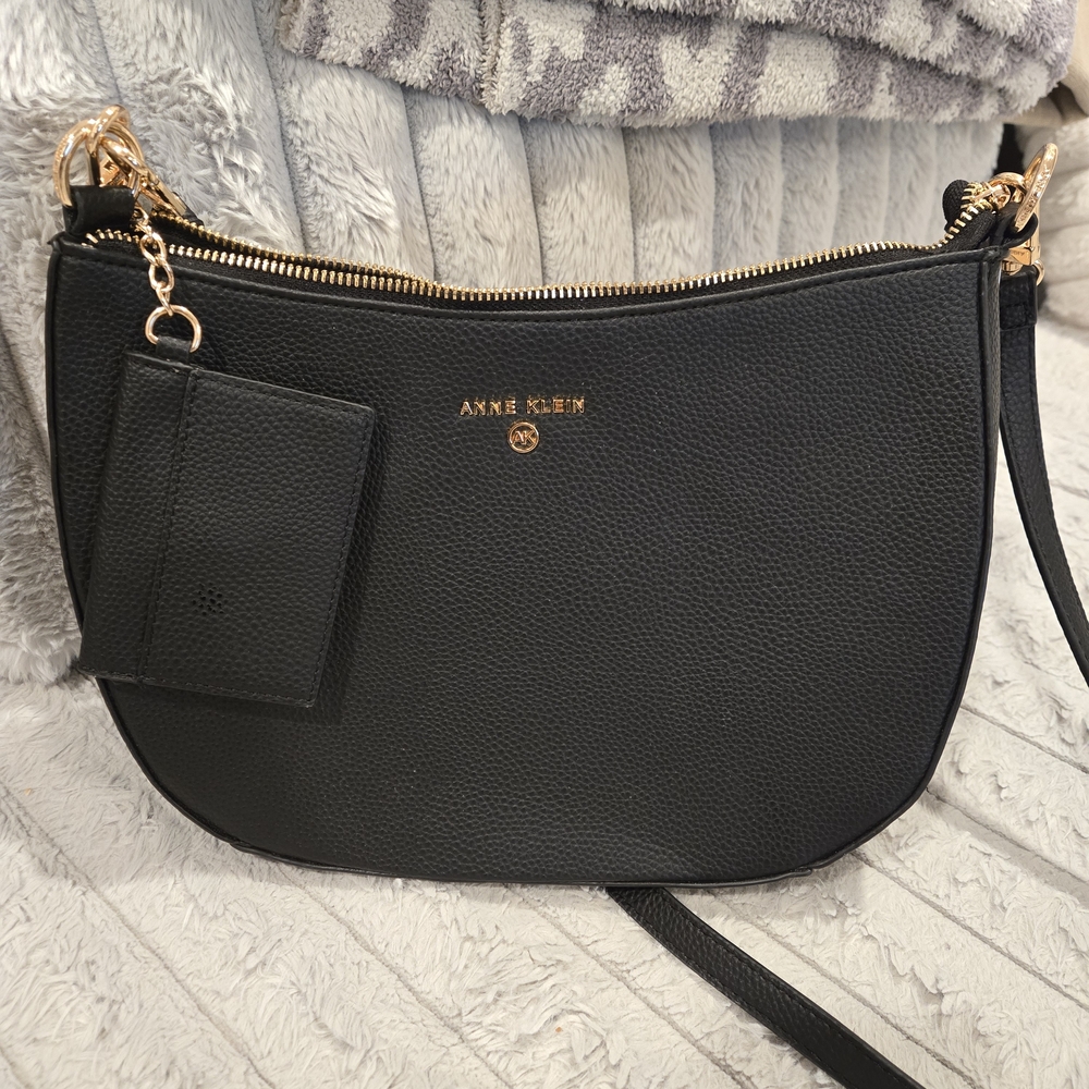 Anne Klein Black Pebbled Leather Crossbody with Gold Hardware